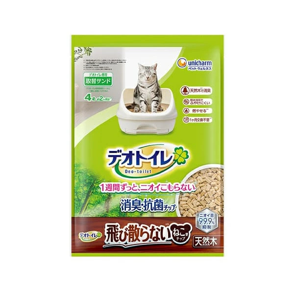 ユニ・チャーム デオトイレ消臭・抗菌チップ天然木 飛び散らないねこ型チップ 4.0L 4520699039878 ※4個セット