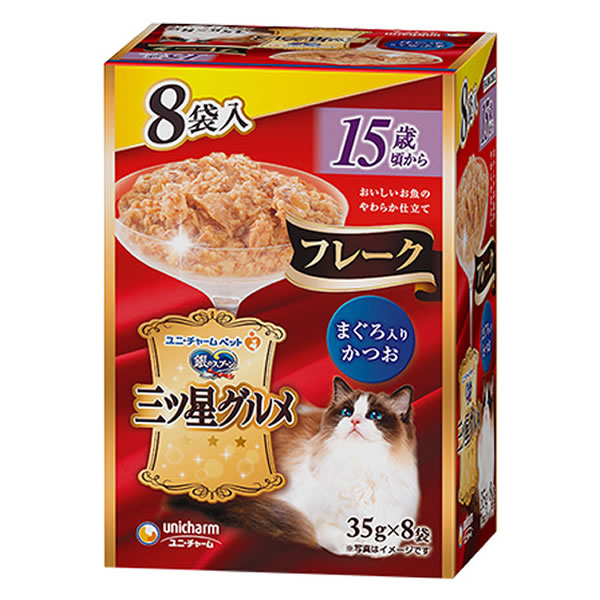 ユニ・チャーム 銀のスプーン三ツ星グルメパウチフレーク15歳頃からまぐろ入りかつお 35g×8袋 4520699699911 ※20個ロット